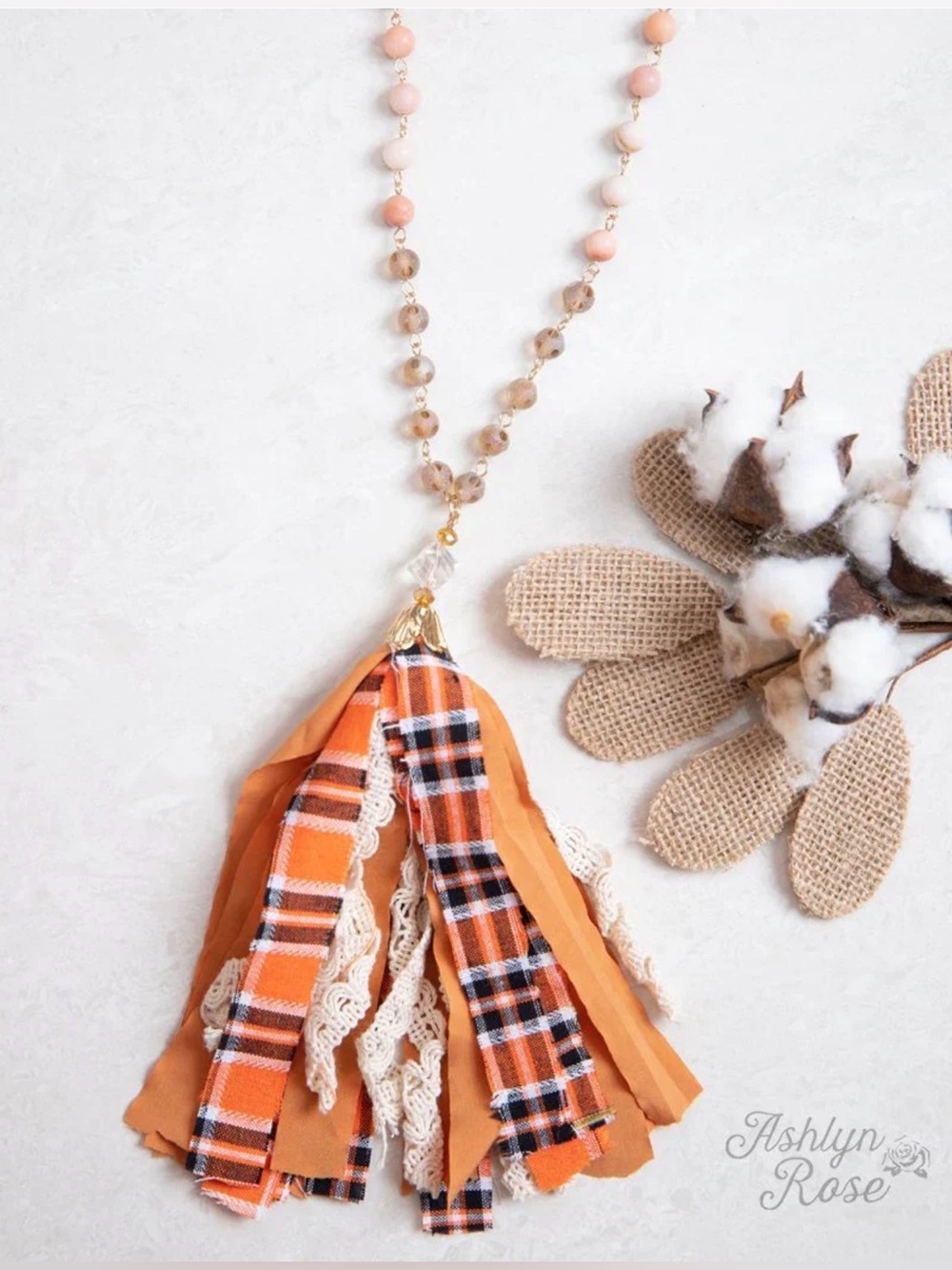 Touch Of Beads Necklace Plaid Fabric Tassel NWT